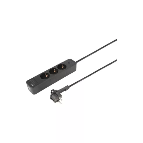 ETM elosztó, 3 aljzat + USB-A, USB-C aljzat, kapcsolós, 1,5m vezetékkel, fekete, HSO                  55.201.24