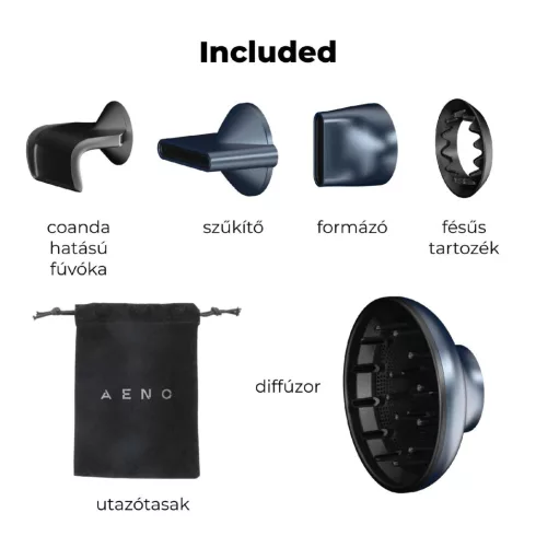 AENO HD3 hajszárító, 1500 W, 5 fűtési fokozat, ionizátor, kefe nélküli motor, LED kijelző, HSO        AHD0003