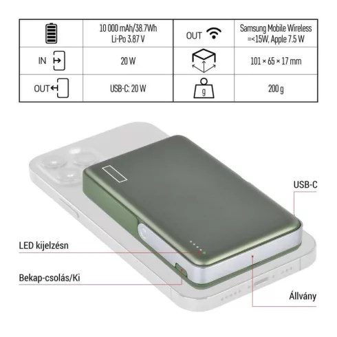 Powerbank WI 1031, 10000mAh Li-Po 3,87V, PD 20W, 1xUSB-C, zöld                                        B0552AG