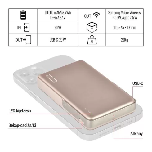 Powerbank WI 1031, 10000mAh Li-Po 3,87V, PD 20W, 1xUSB-C, rozé arany                                  B0552RG