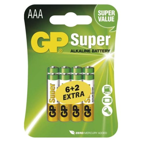 GP elem LR03 AAA mikroceruza, Super Alkáli, 6+2db/bliszter                                            B13118