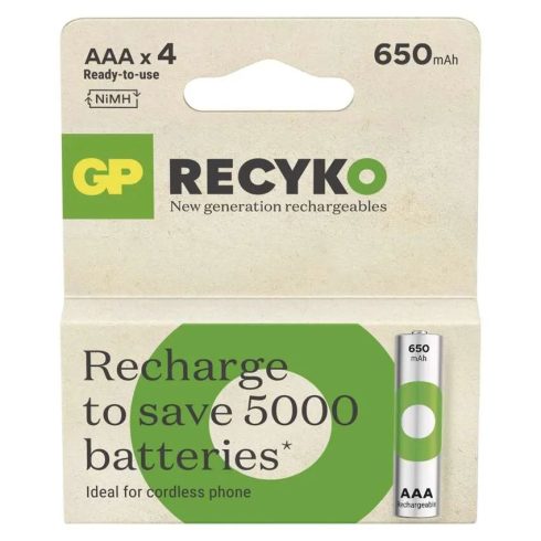 GP elem NiMH HR03 AAA mikroceruza akkumulátor, 650mAh, ReCyko, 4db/kis papír doboz                    B25164
