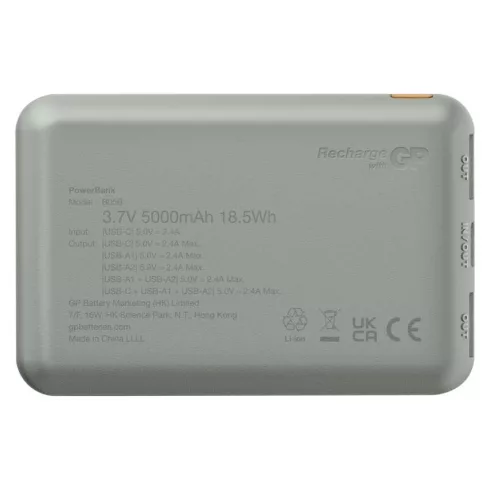 GP Powerbank B+ Series, 5000 mAh Li-Po 3,7 V, 12 W, 2 x USB-A, 1 x USB-C, zöldesszürke                B6405GY