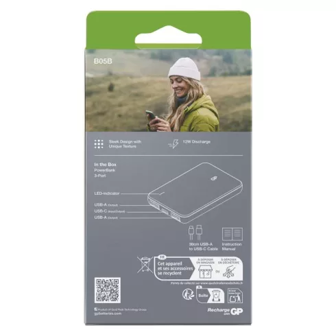 GP Powerbank B+ Series, 5000 mAh Li-Po 3,7 V, 12 W, 2 x USB-A, 1 x USB-C, zöldesszürke                B6405GY