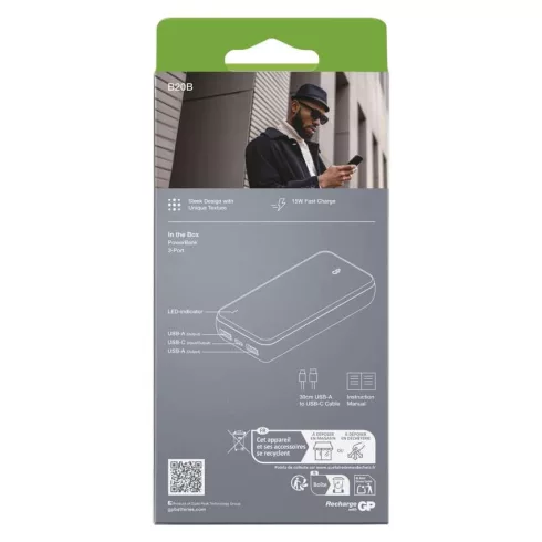 GP Powerbank B+ Series, 20000 mAh Li-Po 3,7 V, 15 W, 2 x USB-A, 1 x USB-C, fekete                     B6420B