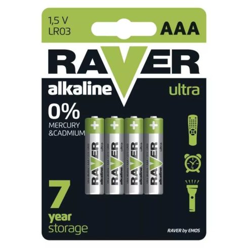 Raver elem LR03 AAA mikroceruza, Ultra Alkáli, 4db/bliszter                                           B7911