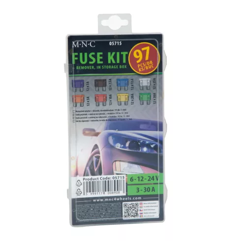 Biztosíték készlet + kiszedő, tárolódobozban - 97 db - 3-30A                                          BX05715