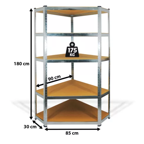 Fémpolc állvány - sarok - 5 szintes - fém - max. 175 kg - 180 x 90 x 30 cm                            BX10846