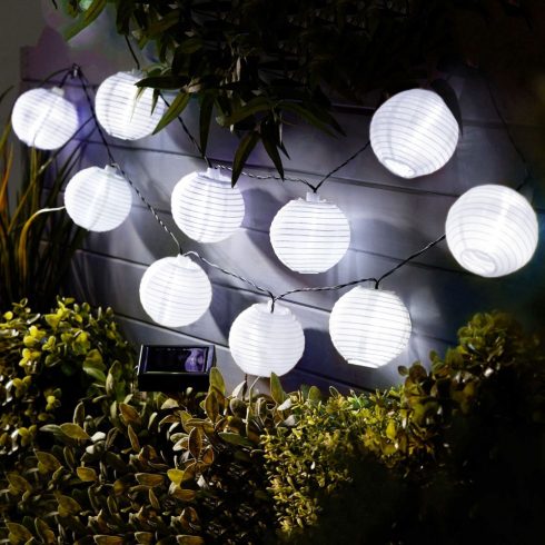 Szolár lampion fényfüzér - 10 db fehér lampion, hidegfehér LED - 3,7 m                                BX11227