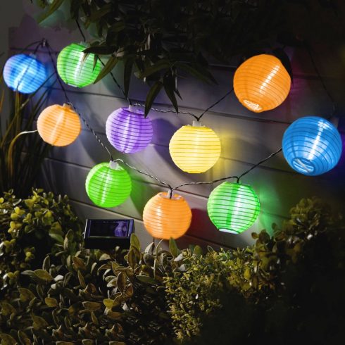 Szolár lampion fényfüzér - 10 db színes lampion, hidegfehér LED - 3,7 m                               BX11227B