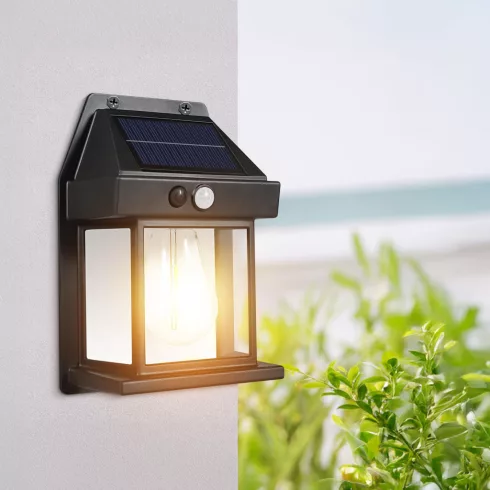 Szolár mozgásérzékelős fali lámpa - 1 filament LED - fekete - 12 x 6 x 17 cm                          BX13007