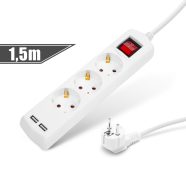   Elosztó 3-as - 3 x 1,5 mm - 1,5 m - 2 x USB-vel - kapcsolós                                           BX20221U