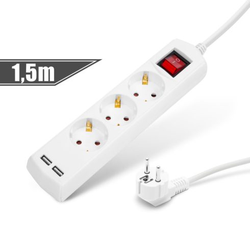 Elosztó 3-as - 3 x 1,5 mm - 1,5 m - 2 x USB-vel - kapcsolós                                           BX20221U