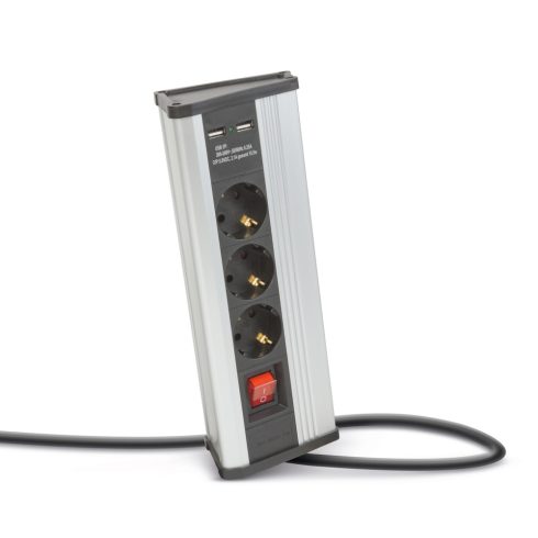 Sarokelosztó - kapcsolós - 3 x 250V, 16A - 2 x USB, 2,1A - alumínium ház                              BX20483S