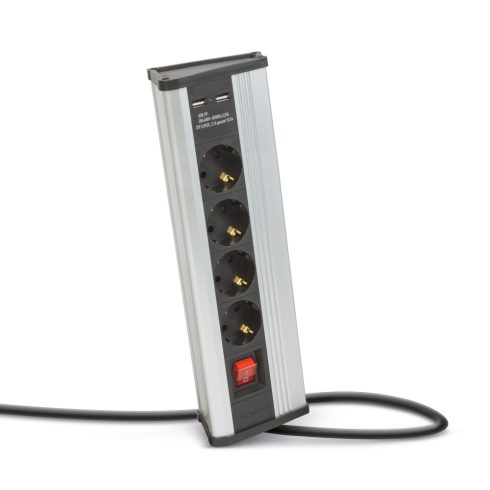 Sarokelosztó - kapcsolós - 4 x 250V, 16A - 2 x USB, 2,1A - alumínium ház                              BX20484S