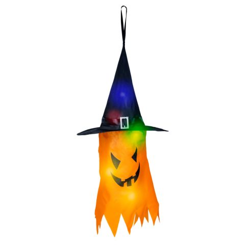 Halloween-i LED dekor - szellem - sárga - 10 színes LED - akasztható - 2 x 2032 - 75 x 35 cm          BX56569C