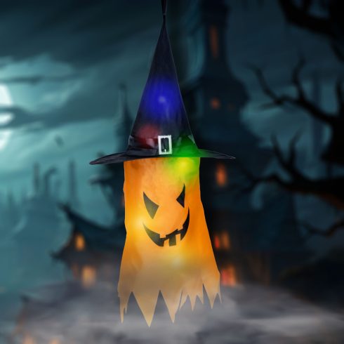 Halloween-i LED dekor - szellem - sárga - 10 színes LED - akasztható - 2 x 2032 - 75 x 35 cm          BX56569C