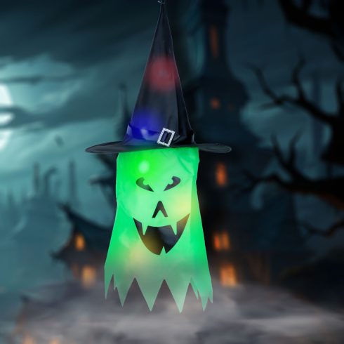 Halloween-i LED dekor - szellem - zöld - 10 színes LED - akasztható - 2 x 2032 - 75 x 35 cm           BX56569E