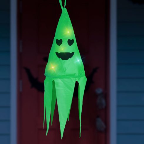 Halloween-i világító dekoráció - szellem - zöld - 10 színes LED - akasztható - 2 x 2032 - 75x20 cm    BX56598B