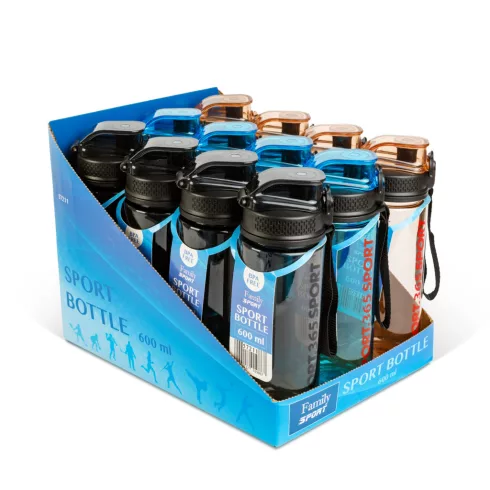 Sport kulacs - műanyag, átlátszó - 600 ml - 3 színben                                                 BX57211
