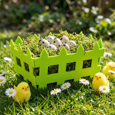 Húsvéti dekoráció - filc kosár - kerítés forma -  19,5 x 13,2 x 11,7 cm                               BX57962