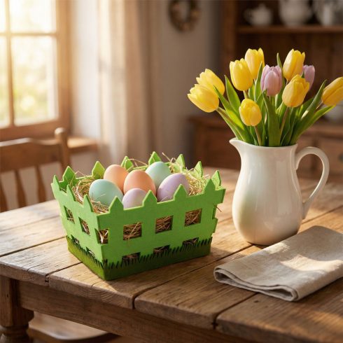 Húsvéti dekoráció - filc kosár - kerítés forma -  19,5 x 13,2 x 11,7 cm                               BX57962
