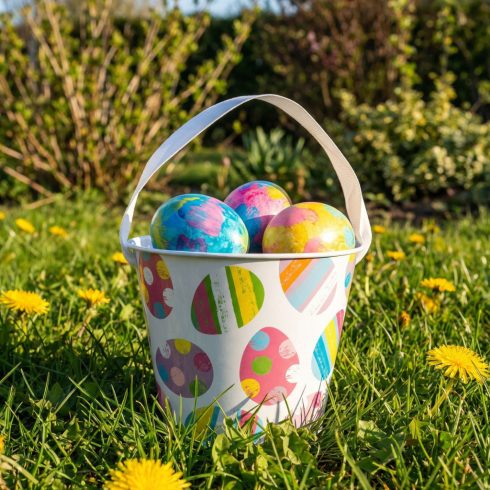 Húsvéti mintás kaspó / vödör - fém - szalagos fogantyú - O11,7 x 10 cm                                BX57973