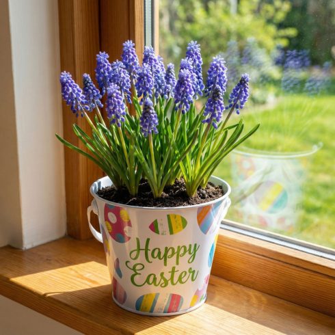 Húsvéti mintás kaspó / vödör - fém - szalagos fogantyú - O11,7 x 10 cm                                BX57973