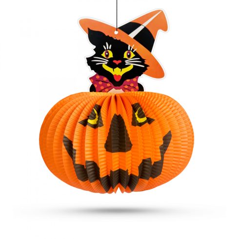 Halloween-i tökös lampion - macskával - akasztható - 26 cm                                            BX58137A