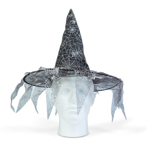 Halloween-i boszorkány kalap - fekete, pókhálós - 38 x 32 cm                                          BX58152B