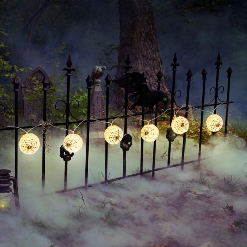 Halloween-i lampion fényfüzér - pókos, fehér - 7,5 x 165 cm - 2 x AA elemes                           BX58172