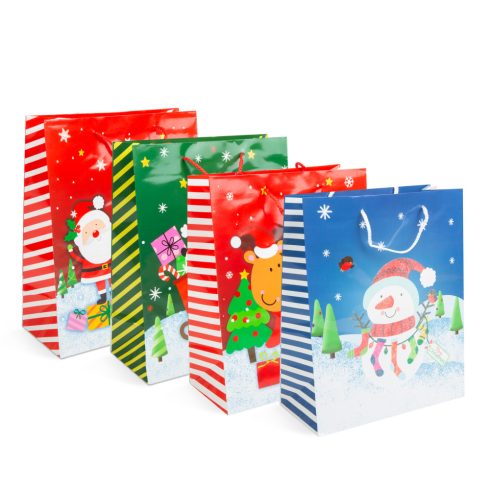 Karácsonyi ajándéktasak - papír - 265 x 127 x 330 mm - 4 féle / csomag - 12 db / csomag               BX58298