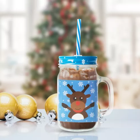 Üvegpohár - korsó  karácsonyi mintával, szívószállal 450 ml                                           BX58656