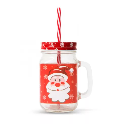 Üvegpohár - korsó  karácsonyi mintával, szívószállal 450 ml                                           BX58656