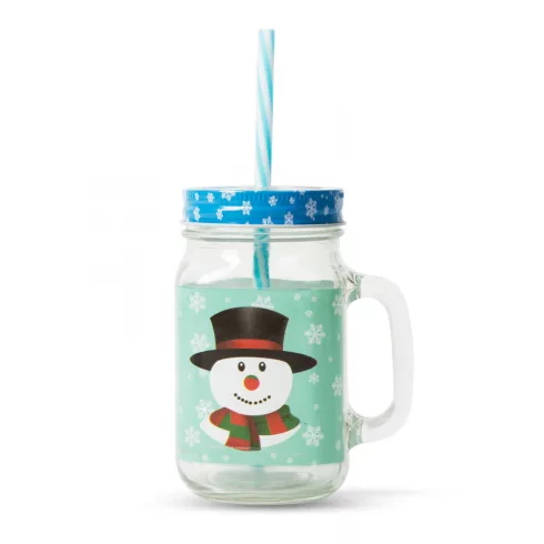 Üvegpohár - korsó  karácsonyi mintával, szívószállal 450 ml                                           BX58656