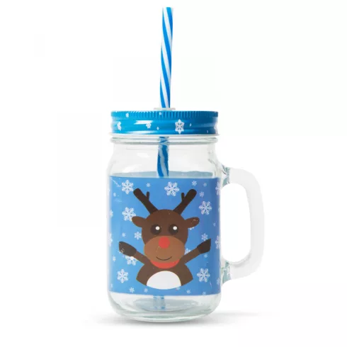 Üvegpohár - korsó  karácsonyi mintával, szívószállal 450 ml                                           BX58656