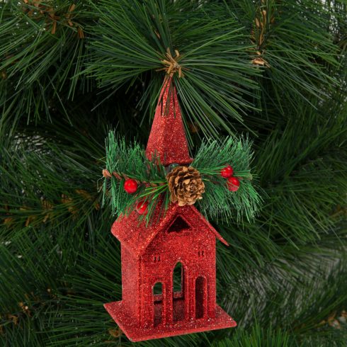 Karácsonyi glitteres templom akasztóval - 16 x 6,5 cm - piros                                         BX58677A
