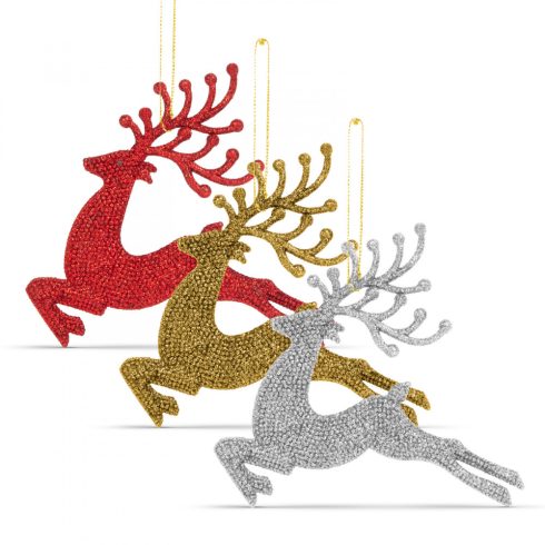 Karácsonyfadísz - glitteres rénszarvas - 12 cm - piros/arany/ezüst - 4 db / csomag                    BX58680