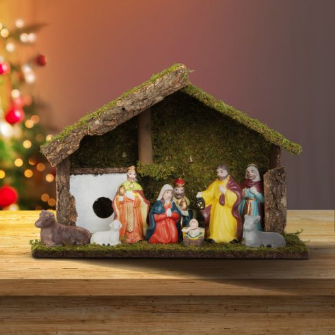 Karácsonyi asztali dekoráció - Betlehem - kerámia és fa - 30 x 10 x 20 cm                             BX58719