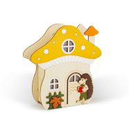   Világító dekoráció - gomba ház sünivel - 15 x 16 x 5 cm - fából                                       BX59012A