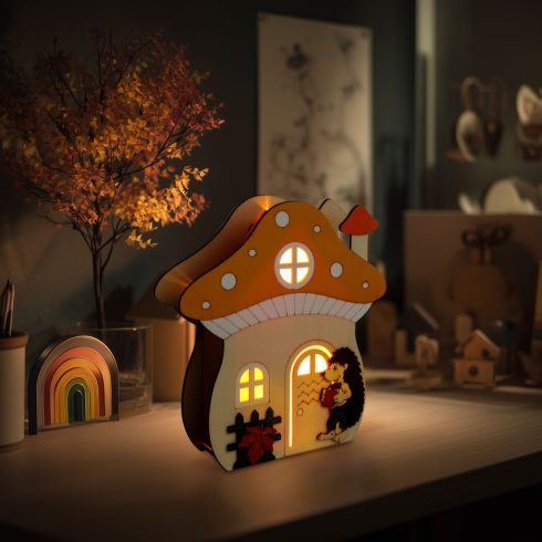 Világító dekoráció - gomba ház sünivel - 15 x 16 x 5 cm - fából                                       BX59012A