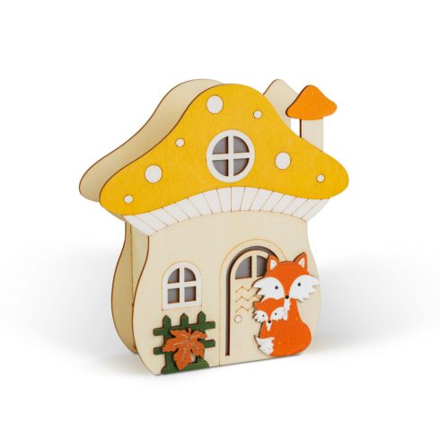 Világító dekoráció - gomba ház rókával - 15 x 16 x 5 cm - fából                                       BX59012B