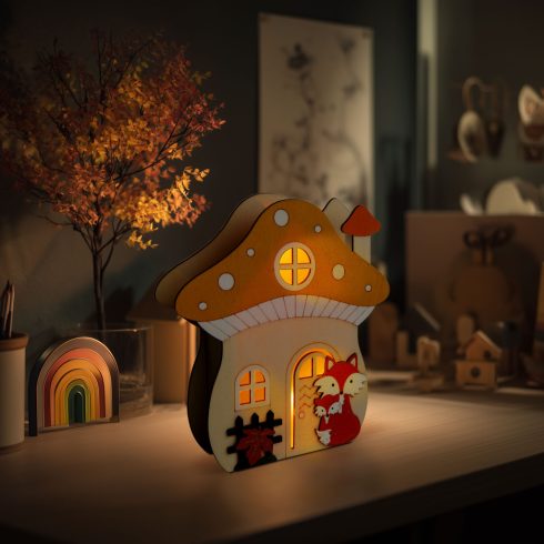 Világító dekoráció - gomba ház rókával - 15 x 16 x 5 cm - fából                                       BX59012B