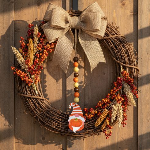 Őszi dekoráció - manó tökkel - akasztható - fa - 31 x 5 cm                                            BX59024B