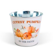   Őszi dekoráció - fém kaspó, vödör - tökös - 15 x 13,7 cm                                              BX59033A