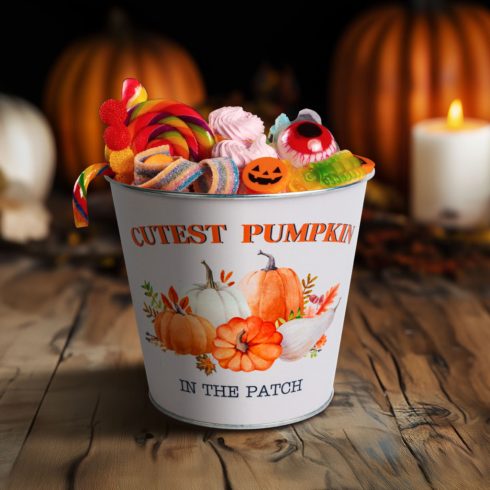 Őszi dekoráció - fém kaspó, vödör - tökös - 15 x 13,7 cm                                              BX59033A