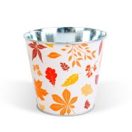   Őszi dekoráció - fém kaspó, vödör - leveles - 15 x 13,7 cm                                            BX59033B
