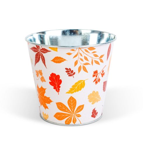 Őszi dekoráció - fém kaspó, vödör - leveles - 15 x 13,7 cm                                            BX59033B