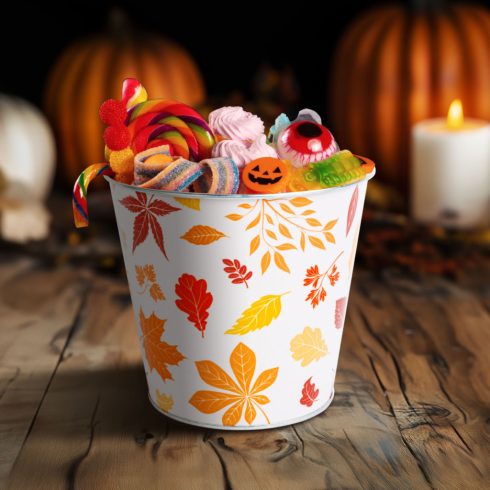 Őszi dekoráció - fém kaspó, vödör - leveles - 15 x 13,7 cm                                            BX59033B