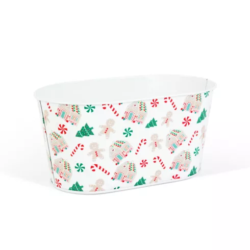 Karácsonyi fém kosár - házikó mintás - 19 x 11,5 x 9,5 cm                                             BX59722B